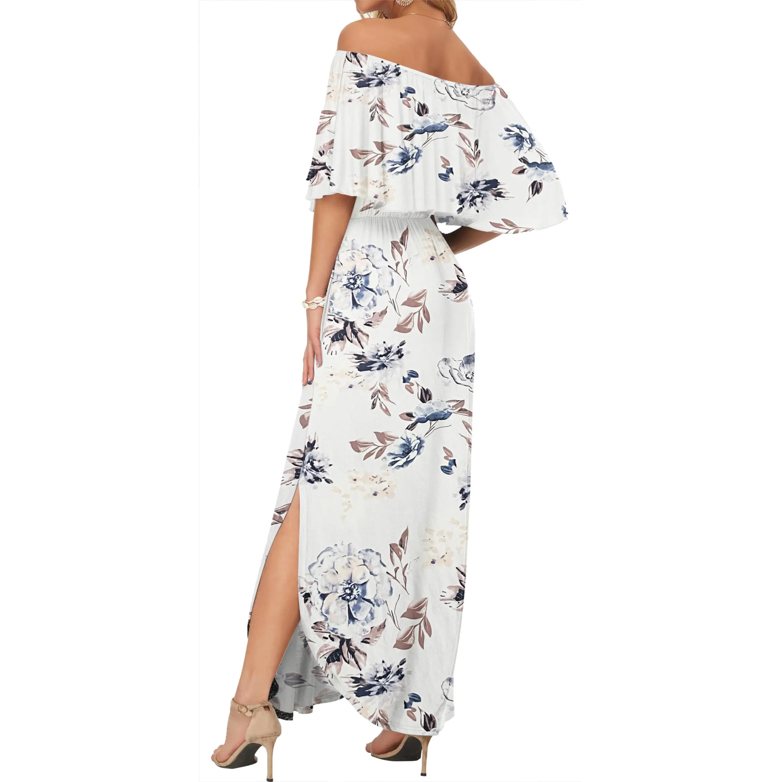 Womens Off The Shoulder Long Ruffle Party Side Split Beach Maxi Dresses with Pockets